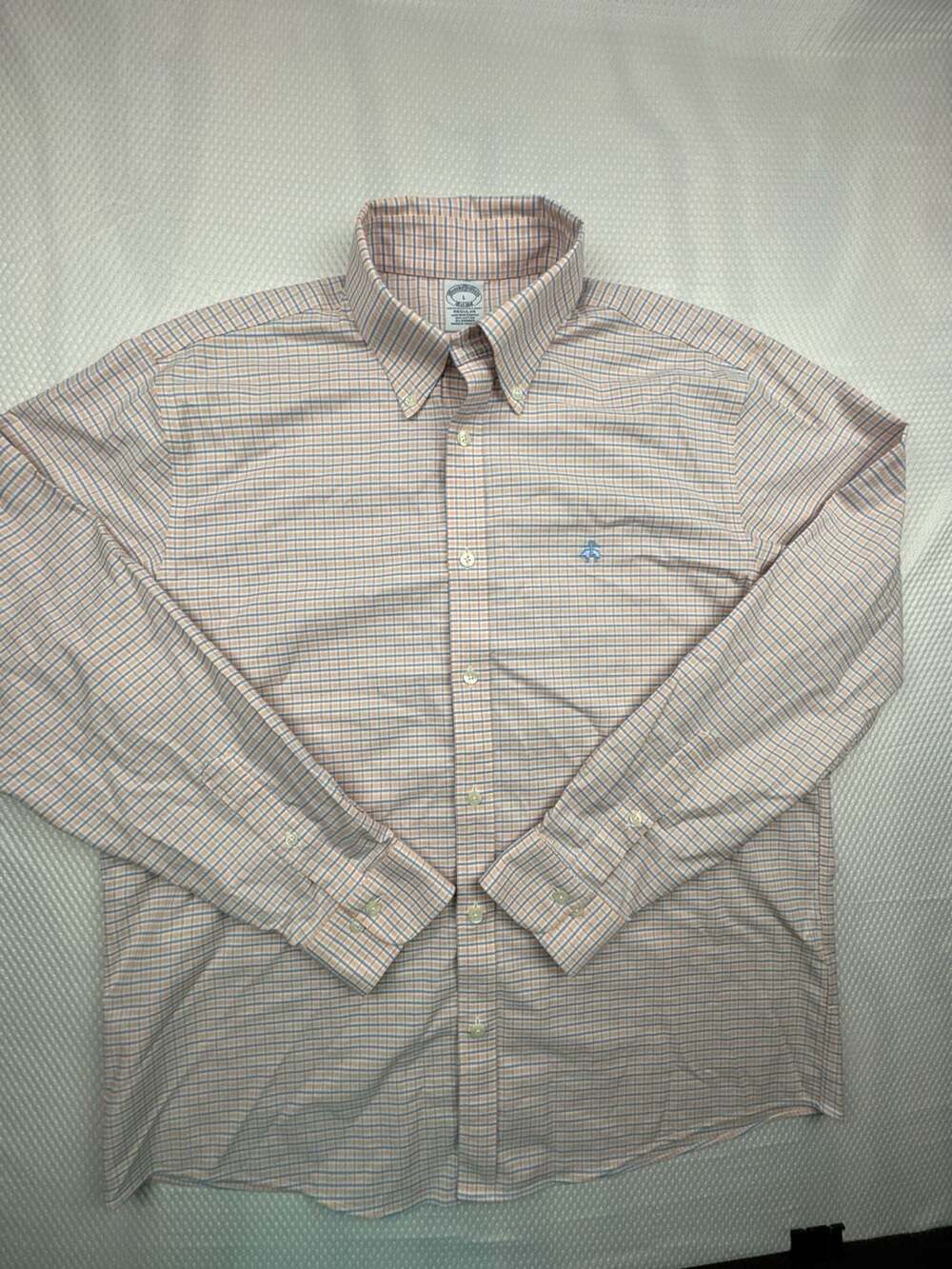 Brooks Brothers Regular Fit Non-Iron Stretch Orange Blue Check Shirt Size L - Picture 3 of 14